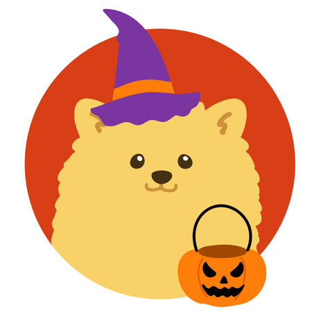 Simple and cute circle icon illustration of Pomeranian in Halloween costumeのイラスト素材