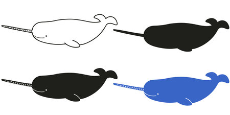 Set of simple and adorable Narwhal silhouette illustrationsのイラスト素材