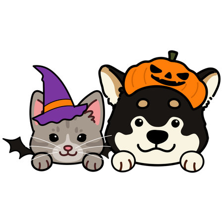 Simple and adorable Halloween illustration of gray tabby cat and black Shiba Inu with pawsのイラスト素材