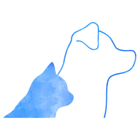 Blue watercolor dog and cat side viewの写真素材