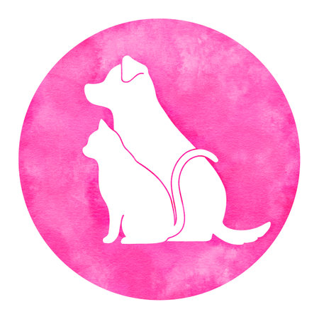 Pink watercolor dog and cat in circle shapeの写真素材