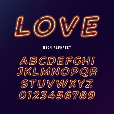 neon light modern font. vector alphabet. neon tube letters and numbers on dark background.のイラスト素材