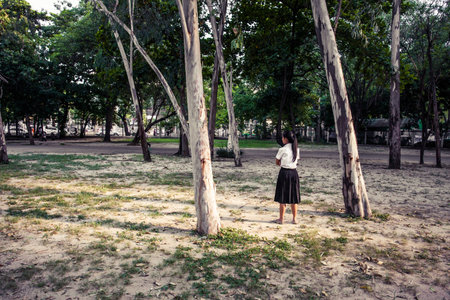 Students in the woodlandの写真素材