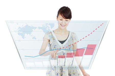 Beautiful business woman tocuhing on screen の写真素材