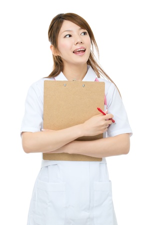 Beautiful asian nurse on white backgroundの写真素材