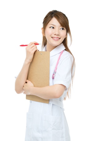 Beautiful asian nurse on white backgroundの写真素材