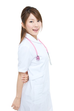 Beautiful asian nurse on white backgroundの写真素材
