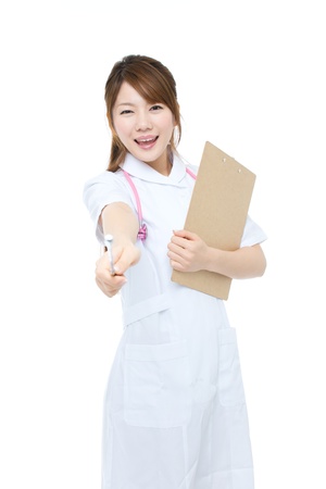 Beautiful asian nurse on white backgroundの写真素材