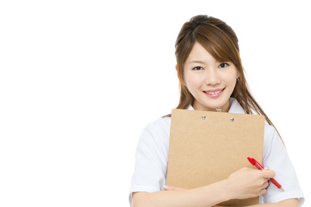 Beautiful asian nurse on white backgroundの写真素材