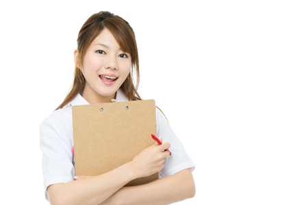 Beautiful asian nurse on white backgroundの写真素材