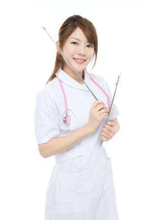 Beautiful asian nurse on white backgroundの写真素材