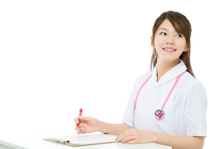 Beautiful asian nurse on white backgroundの写真素材