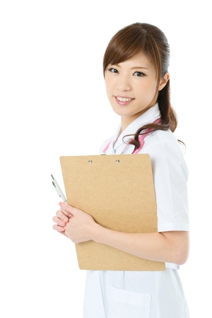Beautiful asian nurse on white backgroundの写真素材