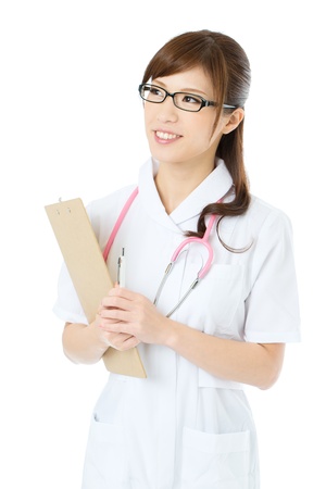 Beautiful asian nurse on white backgroundの写真素材