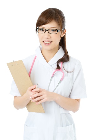 Beautiful asian nurse on white backgroundの写真素材