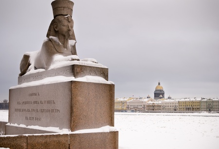 Egyptiac sphinx on the background of St. Isaac's Cathedralの写真素材