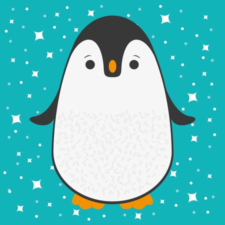 Cute happy cartoon penguin greeting card for Merry Christmas and New Yearâs celebration under snow and stars vector illustration.の写真素材