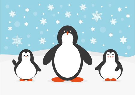 Cute cartoon penguin family greeting card for Merry Christmas and New Yearâs celebration under snow and snowflakes vector illustration.の写真素材