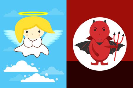 Angel in Clouds with yellow hair and white dress and halo and Red devil with black wings and pitchforkのイラスト素材