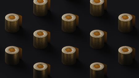 Golden toilet paper rolls isometric pattern. 3d illustration.