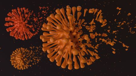 Destruction of Covid-19 coronavirus. Virus models shattering in pieces. 3d illustration.の写真素材