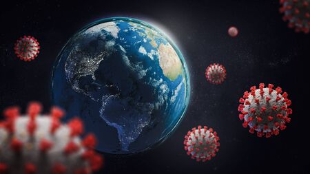 Planet earth under attack of novel coronavirus covid-19. 3d illustration.の写真素材
