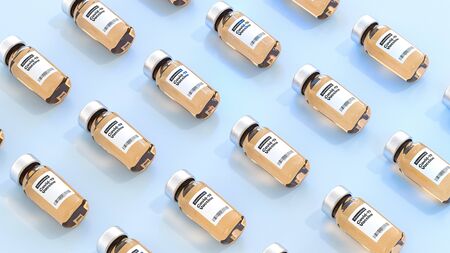 Lots of vaccine vials for novel coronavirus covid-19. Bottles of vaccine, isometric view. 3d illustration.の写真素材