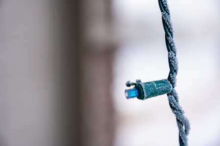 Single LED Christmas light outdoors covered with early morning frost