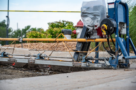 Power screed setup and ready for pouring concrete on prepared subbase of a road repairの写真素材