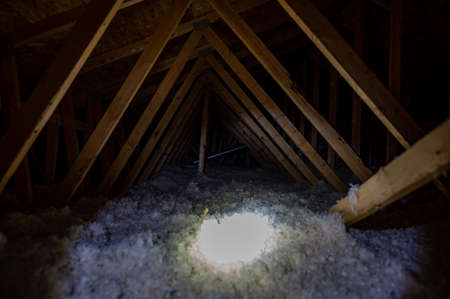 Dark attic with loose blown insulation seen throughout.の写真素材