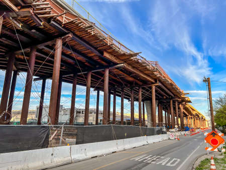 Bracing and support in place for a overhead freeway construction project