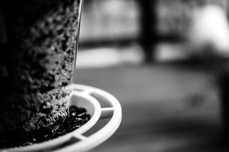 Selective focus on bird feeder with mix of seeds. Residential wooden porch in blurred background.
