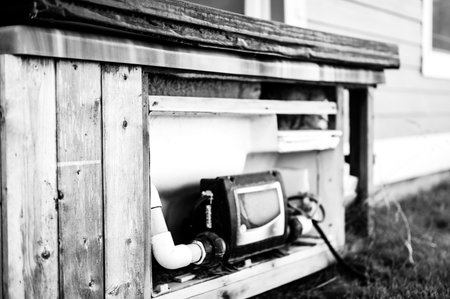 Side of hot tub with panel removed to repair and complete maintenance on the recirculation pump.の写真素材