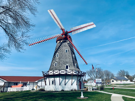 Elk Horn, Iowa, USA - 4.2021 - Danish windmill at an interstate rest stop.