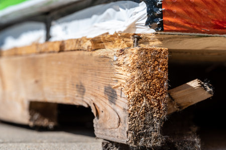 Wooden pallet with chipped board and exposed nail.の写真素材