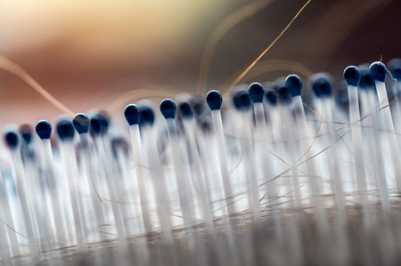 Selective focus on bristles of a hairbrush with tangled hair
