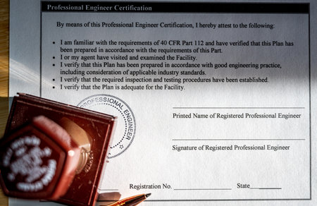 Selective focus on generic professional engineer, architecture. or surveyor stamp and certification...