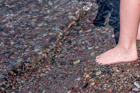 Barefoot toes in Rainbow multi-colored rocks in Avalanche creek leading towards Lake McDonald at Glacier National Park, Montana, USAの写真素材