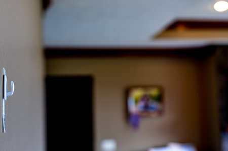 Selective focus on adhesive strip wall hanger that can be removed by pulling tapeの写真素材