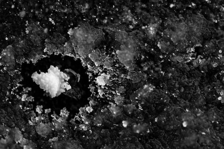 macro above view of a single rock salt ice-melt on concrete with a frozen layer.の写真素材
