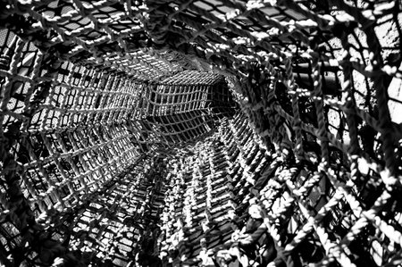 View down a long tunnel made of webbed rope at a child playground