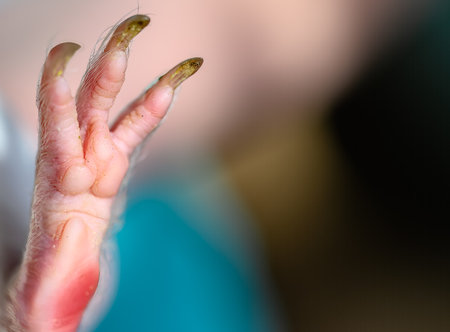 Selective focus on foot pads and nails of a guinea pig back paw.の写真素材