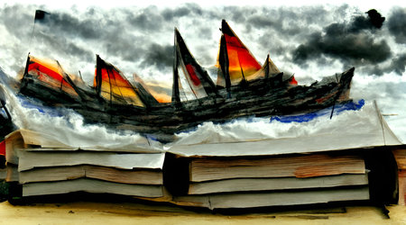 Generative AI illustration of sailing boat through an ocean of booksの素材