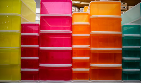 Rows of multi-colored storage bin totes in a retail store shelving space.の写真素材