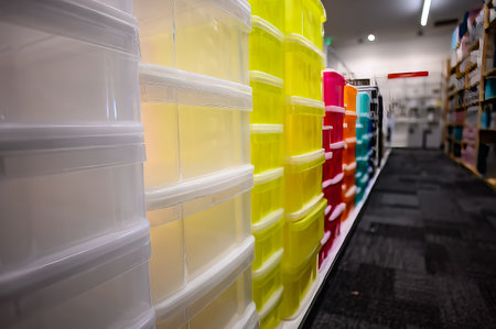 Rows of multi-colored storage bin totes in a retail store shelving space.の写真素材