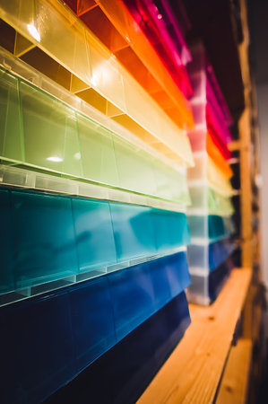 Rows of multi-colored storage bin totes in a retail store shelving space.の写真素材