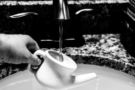 Improperly filling a neti pot with nonsterile tap water.の写真素材