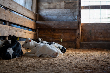 Weaned Holstein dairy calves laying a pen on sawdust and straw.の写真素材