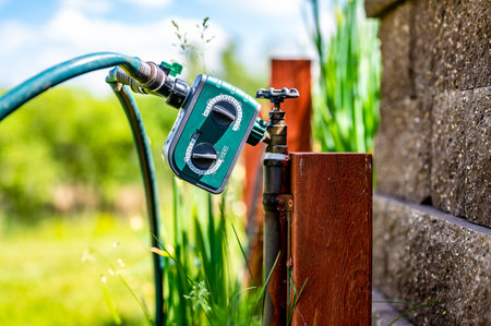 Garden water timer on a spigot with a splitter and hoses.の写真素材