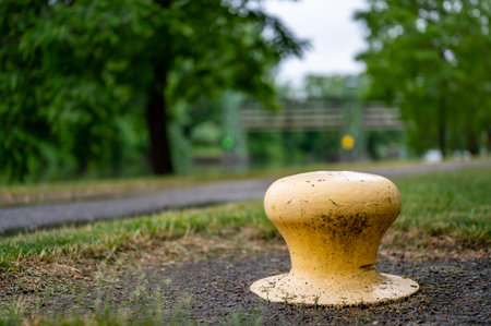 Bollard on the Erie Canalway Trail bike path in Rochester, New Yorkの写真素材